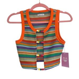 Victoria Jewels Rainbow Stripe Knit Beaded Cropped Vest Top Orange Trim